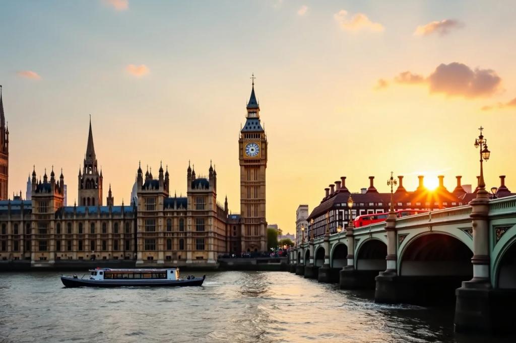 Birleşik Krallık'ta Thames Nehri boyunca uzanan Tower Bridge ve Londra silüeti