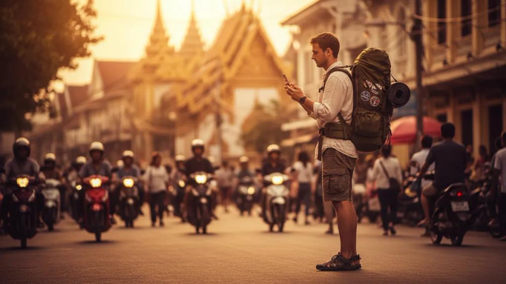 Backpacker checking a phone at a busy Southeast Asian street market at dusk