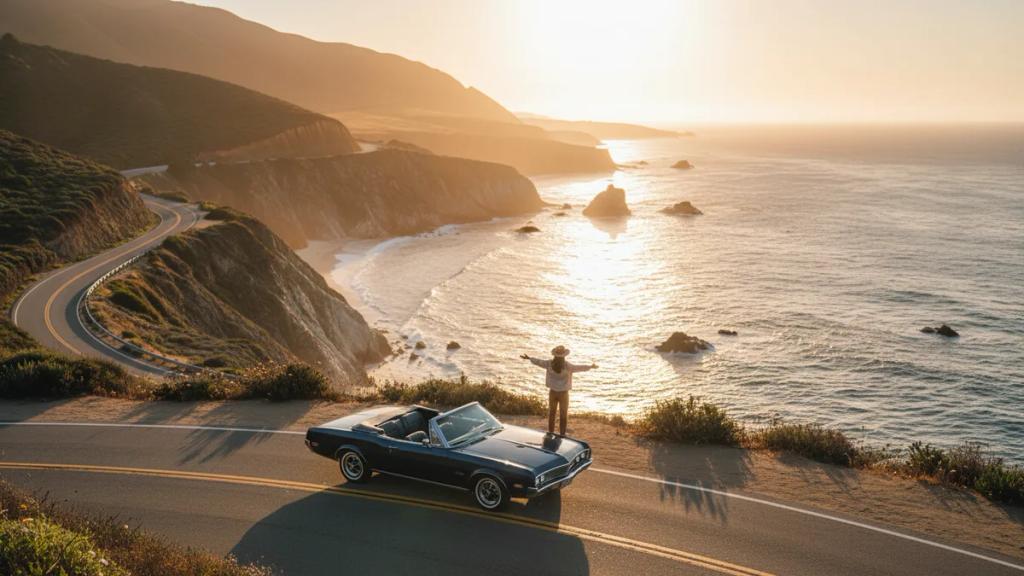 Coastal highway winding along cliffs above the Pacific Ocean at golden hour