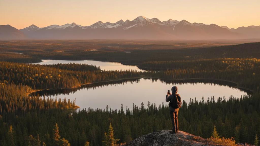 Remote mountain lake and pine forest under a clear northern sky