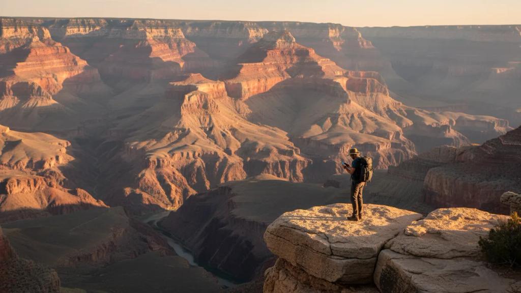 Sunrise over the South Rim of a deep red rock canyon with a viewpoint railing in the foreground