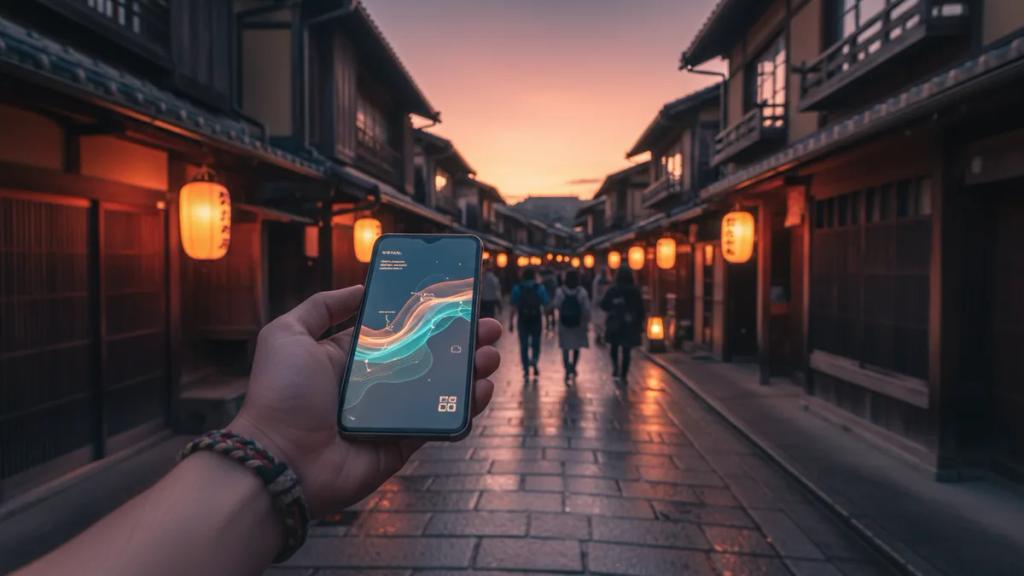 Traveler using a smartphone on a busy Tokyo street at dusk with neon signs