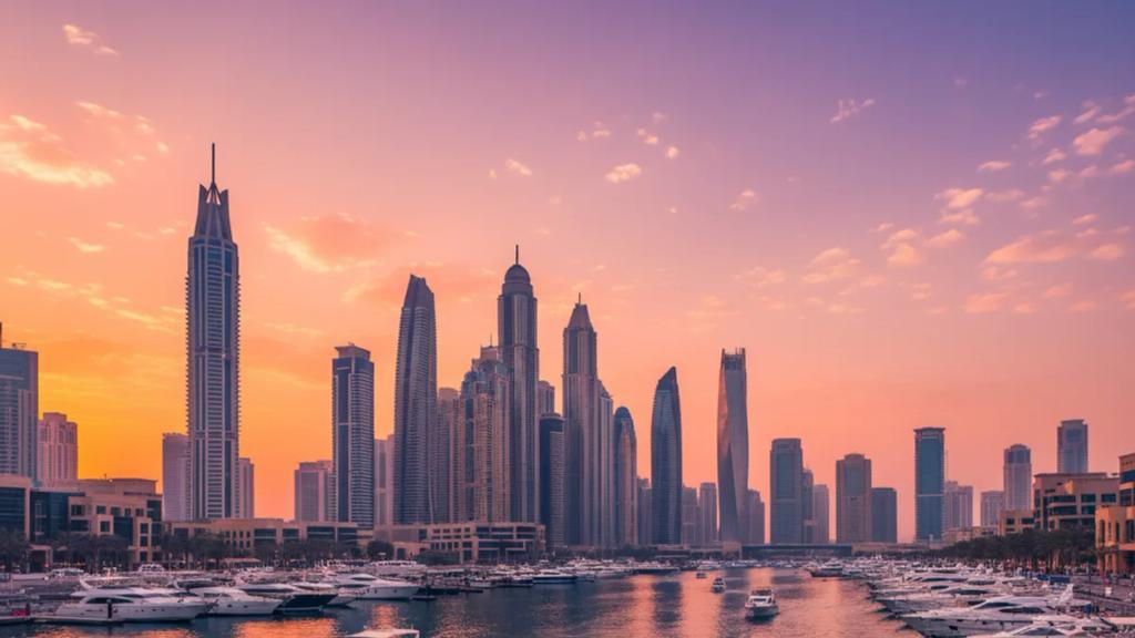 UK traveler at Dubai Marina at dusk checking a phone showing a connected mobile signal