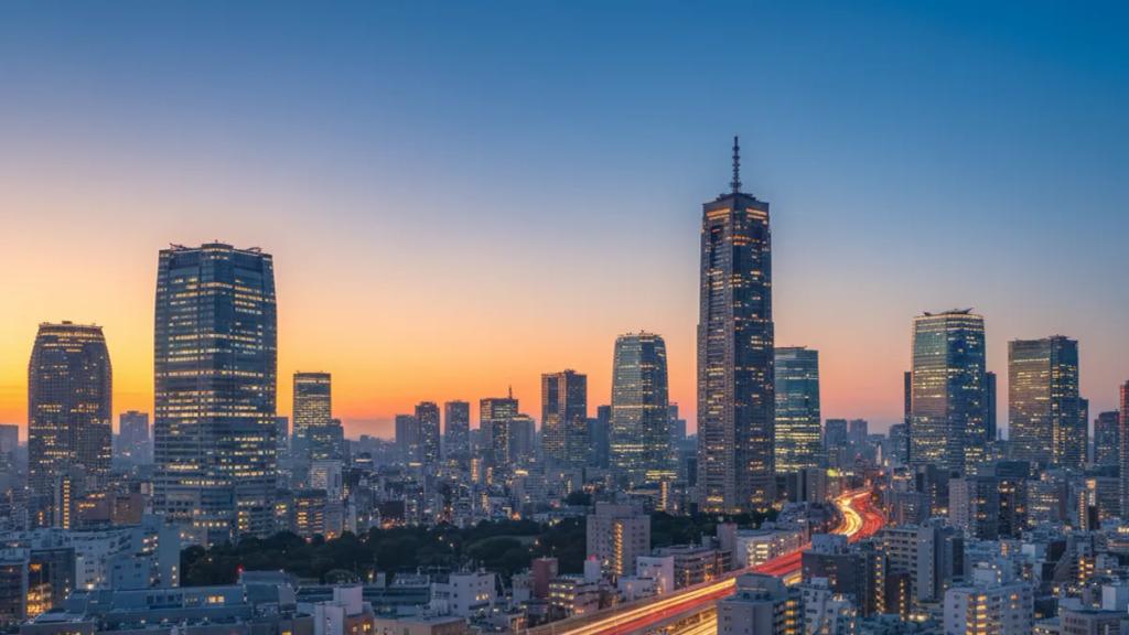 Australian traveler on a Tokyo street at dusk checking a phone showing a connected mobile signal
