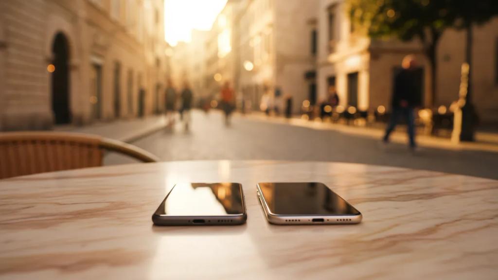 Three smartphones showing a signal bar, an unlimited symbol, and a QR code side by side against a European city backdrop
