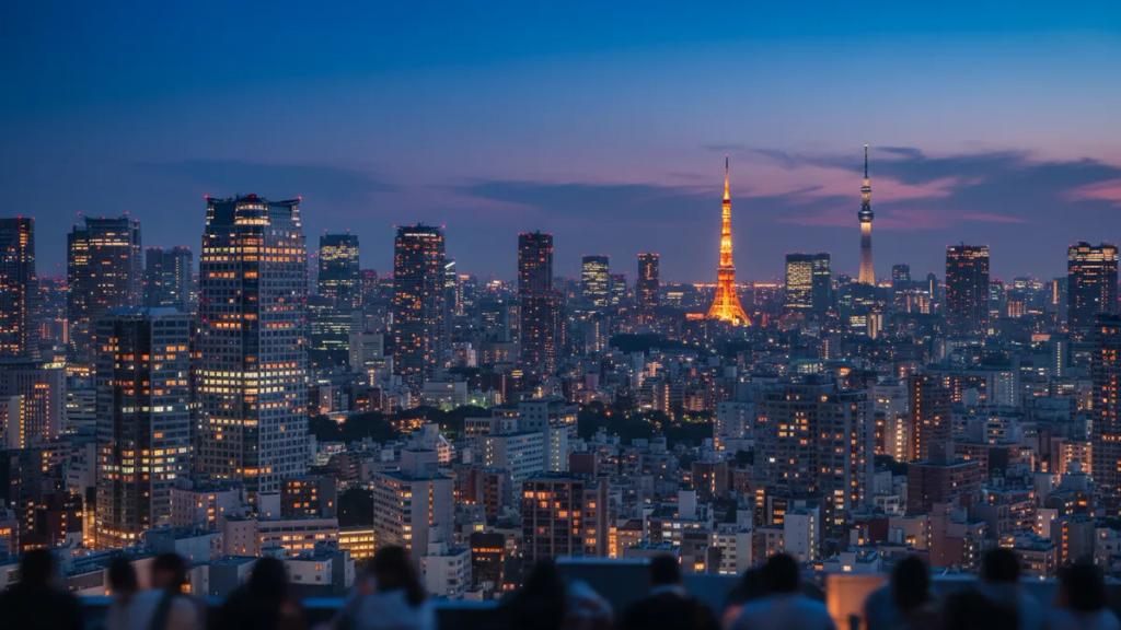Neon-lit Tokyo street at night with a smartphone showing full signal bars
