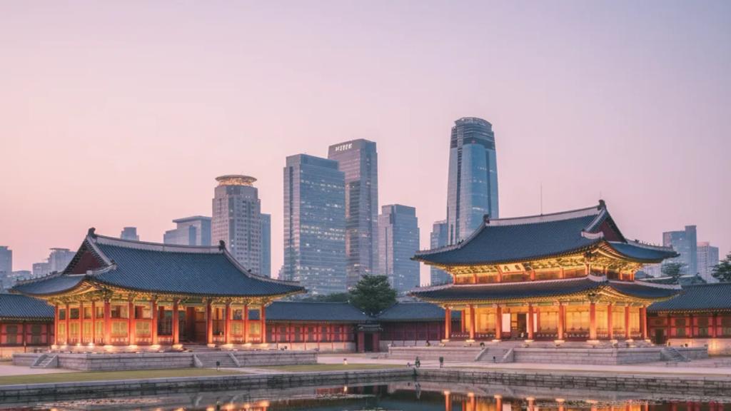 Traveler in a Seoul street at dusk checking whether their phone has signal