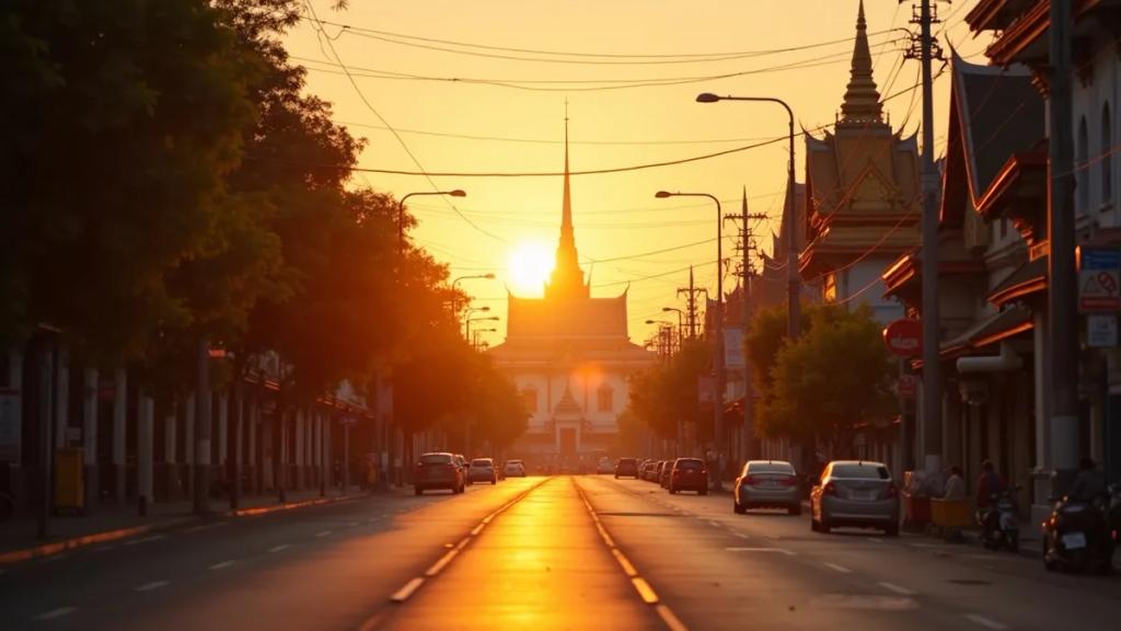 Traveler on a Bangkok street at dusk checking whether their phone has signal