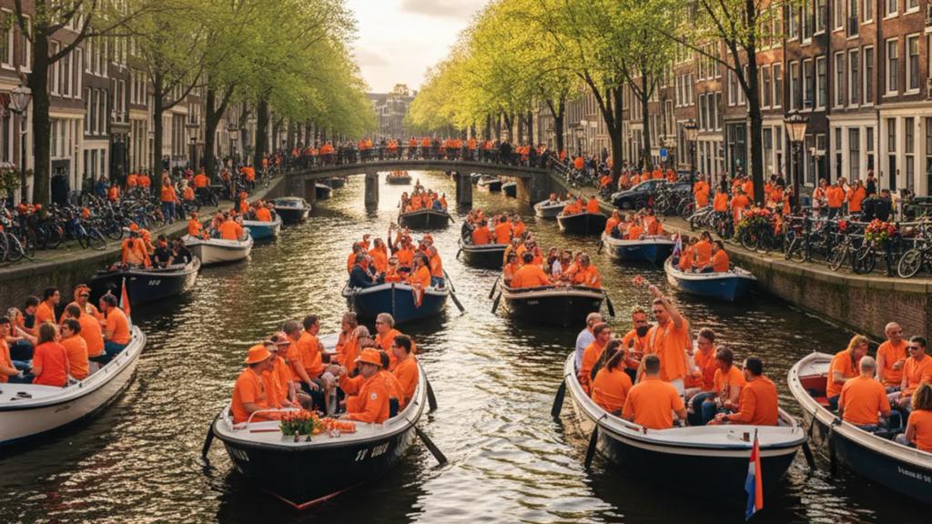 Crowds in orange and boats packed on an Amsterdam canal during King's Day celebrations
