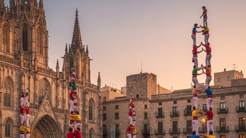 Castellers building a human tower in front of Barcelona's city hall during La Merce, crowds filling Placa Sant Jaume