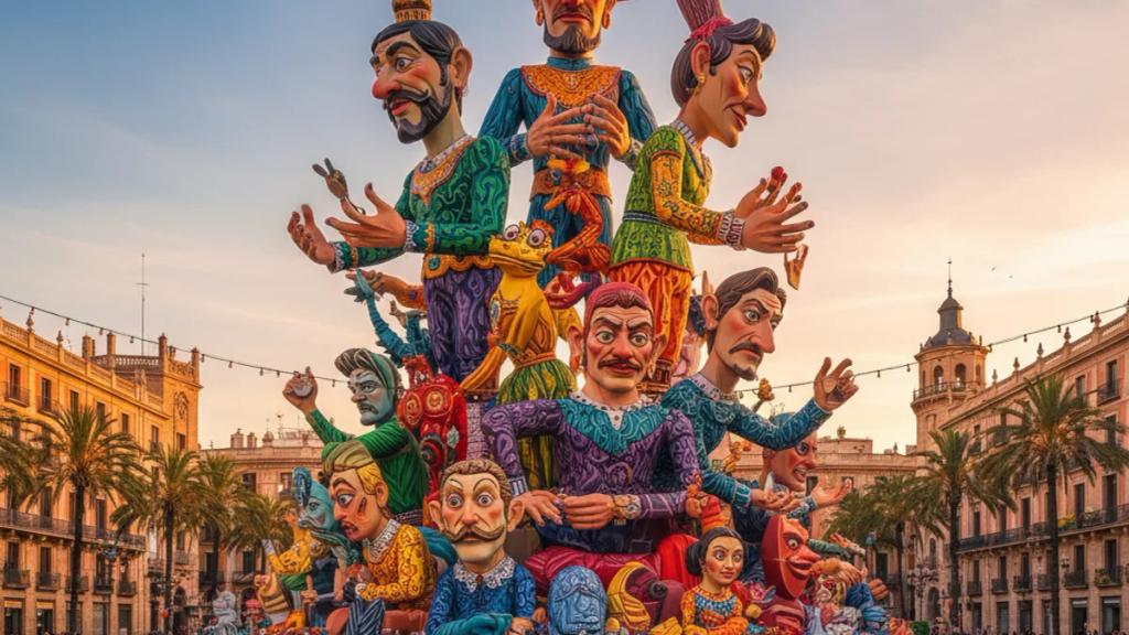 A towering fallas monument burning at night in a crowded Valencia square during La Crema