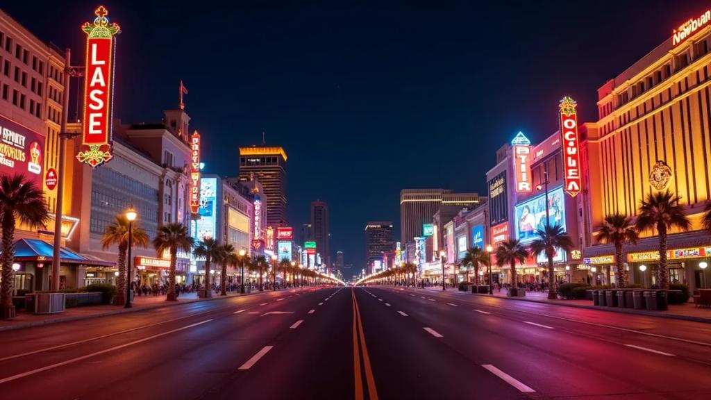 Formula 1 cars racing down the Las Vegas Strip at night with illuminated casino towers behind the circuit