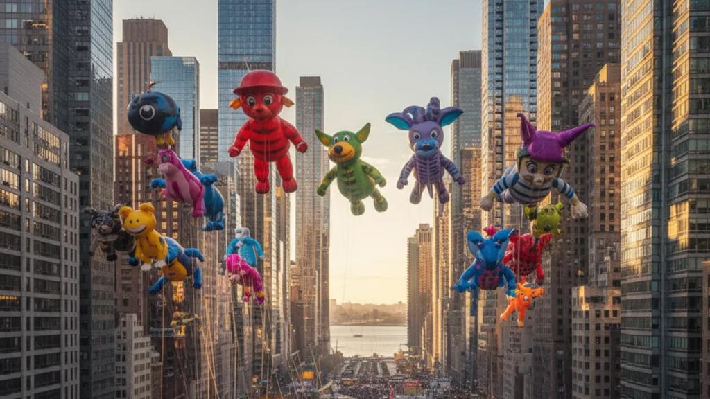 Giant character balloons floating down Central Park West between skyscrapers during the Macy's Thanksgiving Day Parade in New York