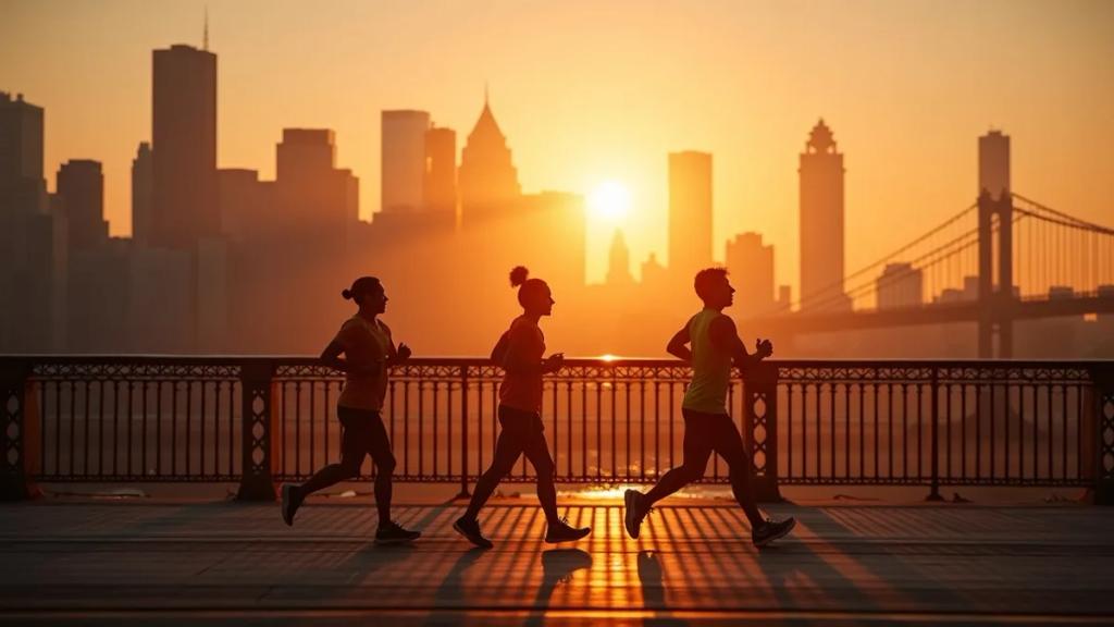Marathon runners crossing the Verrazzano-Narrows Bridge from Staten Island with the New York skyline in the distance