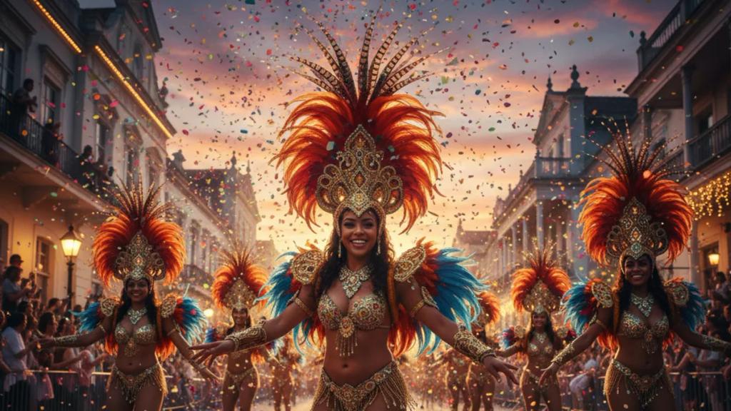 Samba school dancers in feathered costumes parading through the Sambadrome in Rio de Janeiro at night