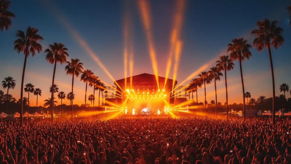 Crowd facing the illuminated main stage of Rock in Rio at the Cidade do Rock in Barra da Tijuca at night