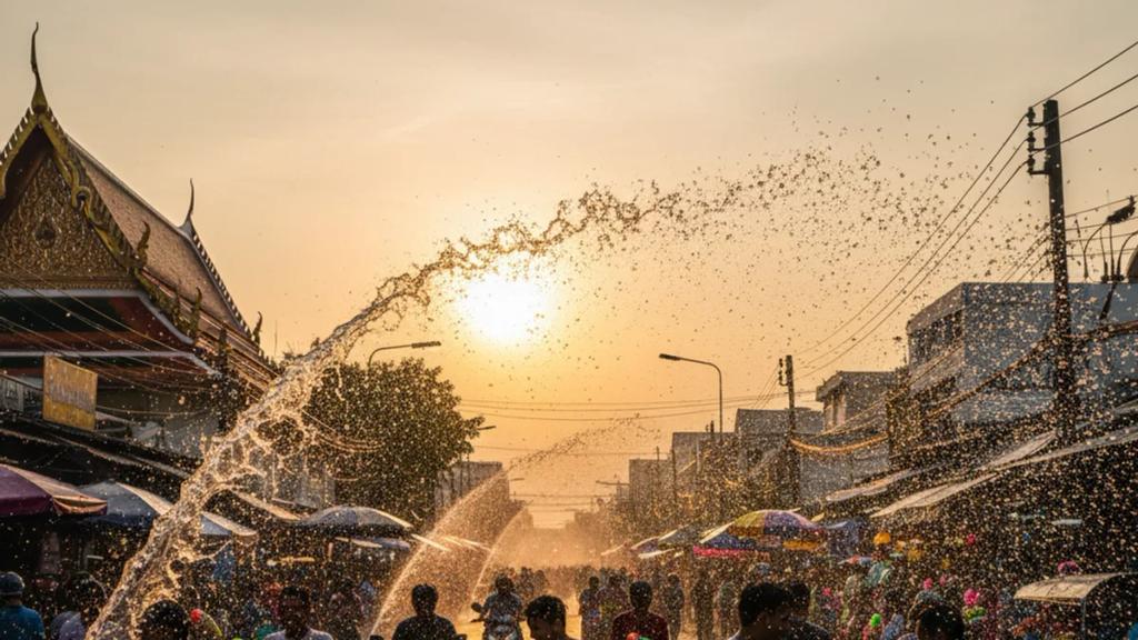 Crowds throwing water during the Songkran festival on a closed street in Bangkok, water arcs catching the light