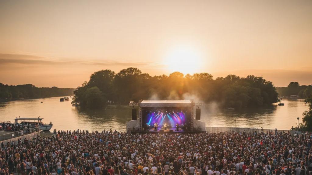 Festival crowd and stage lights on Obuda Island in the Danube at dusk during Sziget Festival in Budapest