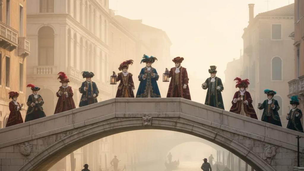 Masked figures in elaborate baroque costumes posing on a Venice canal bridge at dawn during Carnival