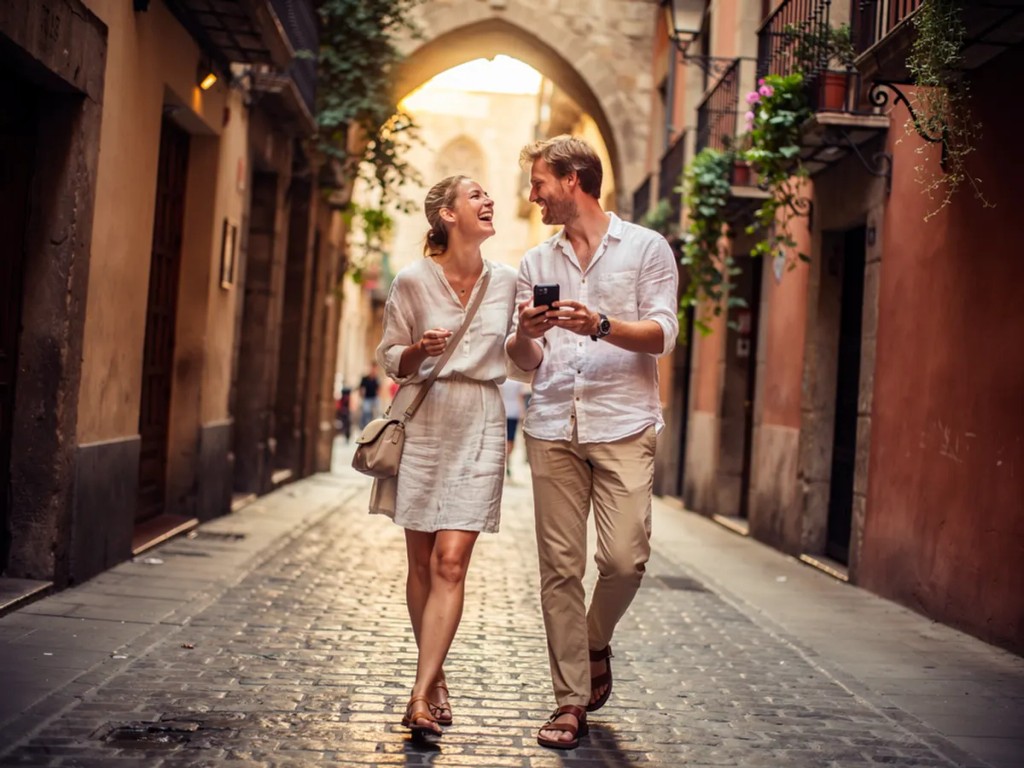 British travelers browsing on smartphones with travel eSIM overseas