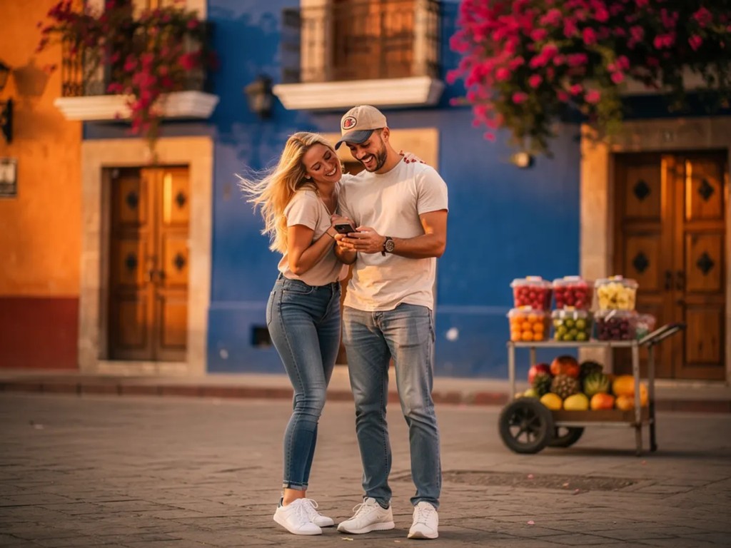 American travelers using eSIM for mobile data while exploring abroad